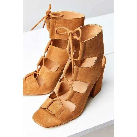 Urban Outfitters Women Brown Strappy Heels 9 Suede Lace Up Block Peep Toe Summer - Picture 15 of 16